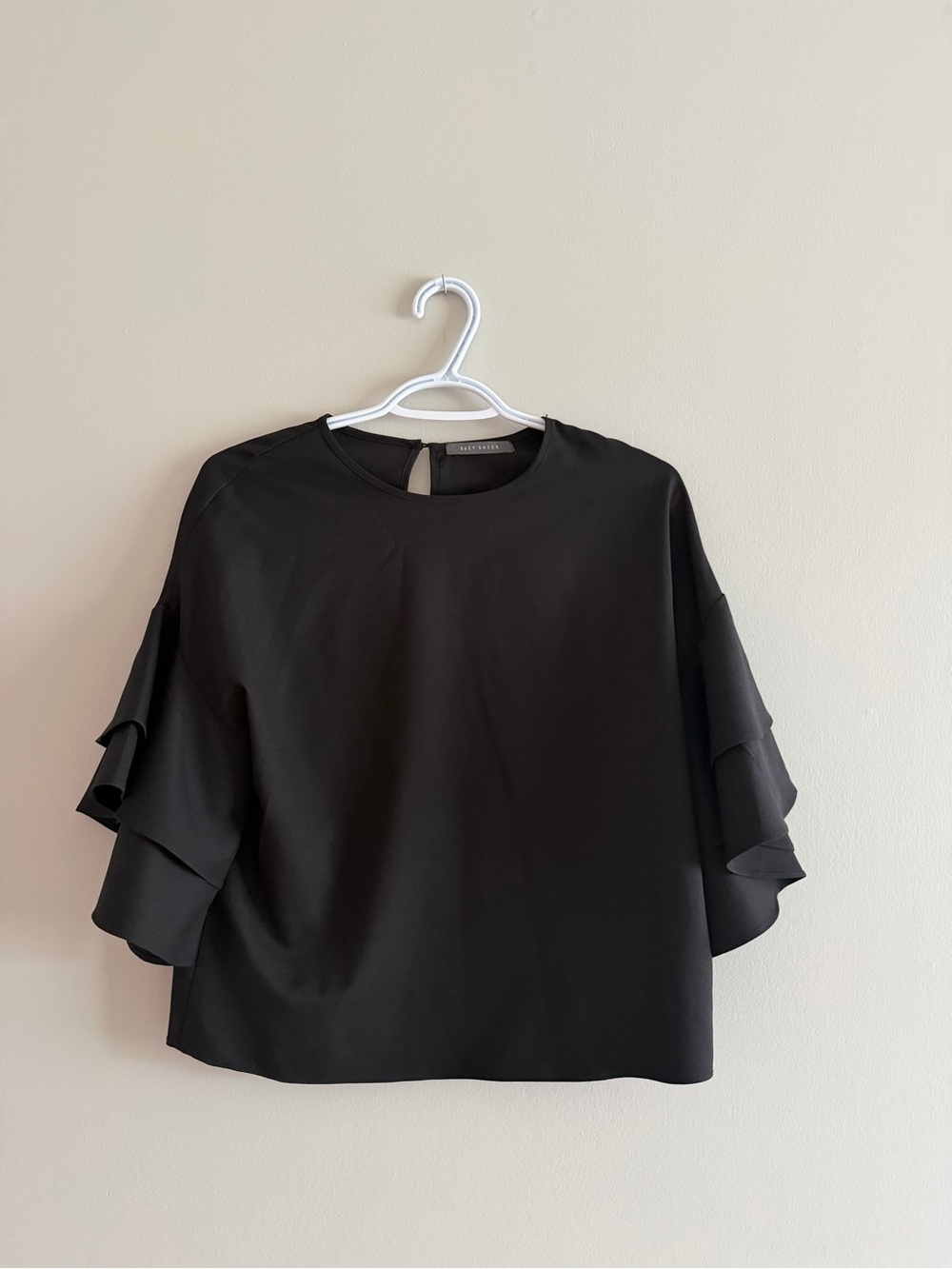 Suzy Shier Black Ruffle Sleeve Blouse